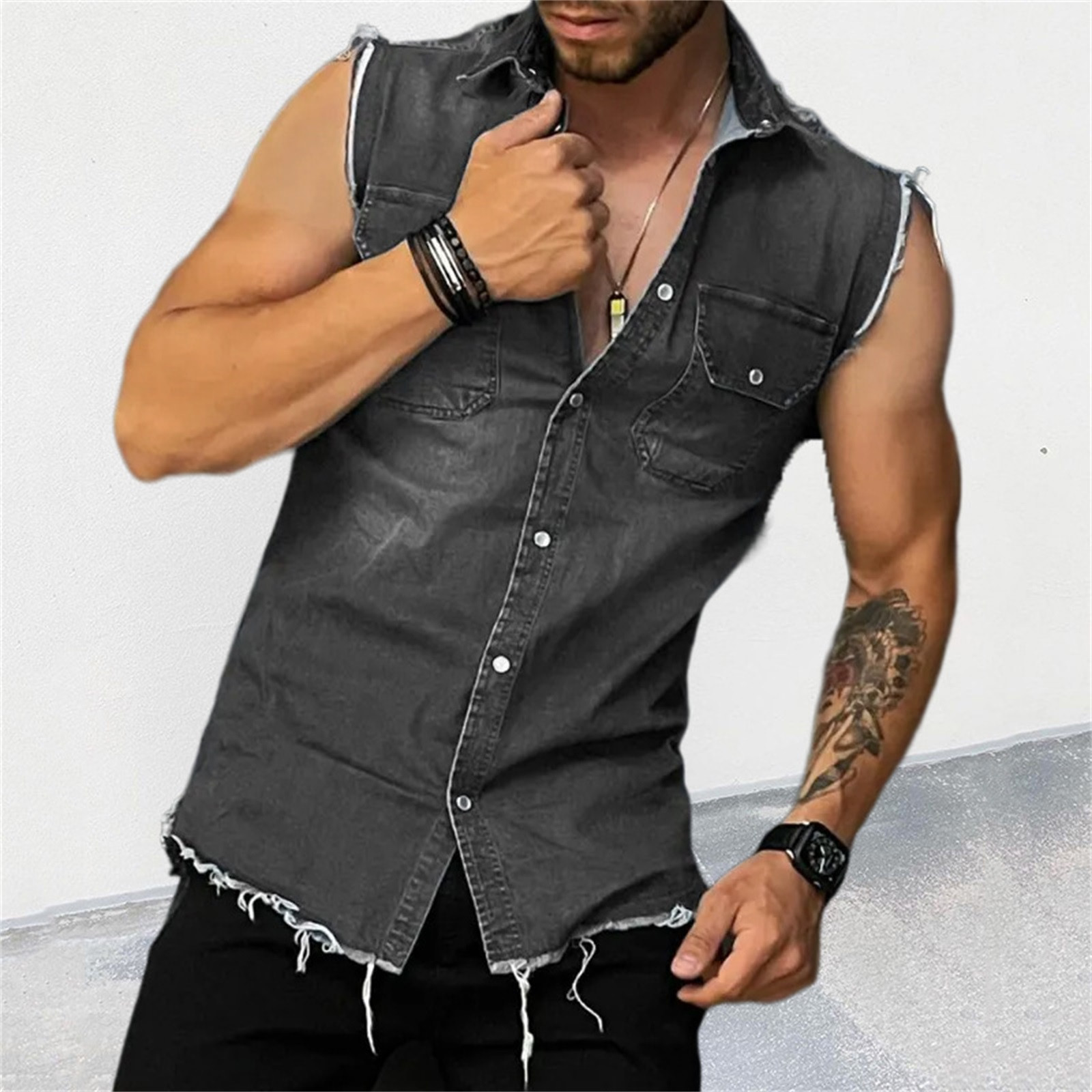 thumbnail image 5 of Chaleco vaquero estilo años 80 para hombre: chaqueta vaquera sin mangas con bolsillos laterales, diseño punk retro, 97 % algodón, tallas S-XXL, 5 of 5